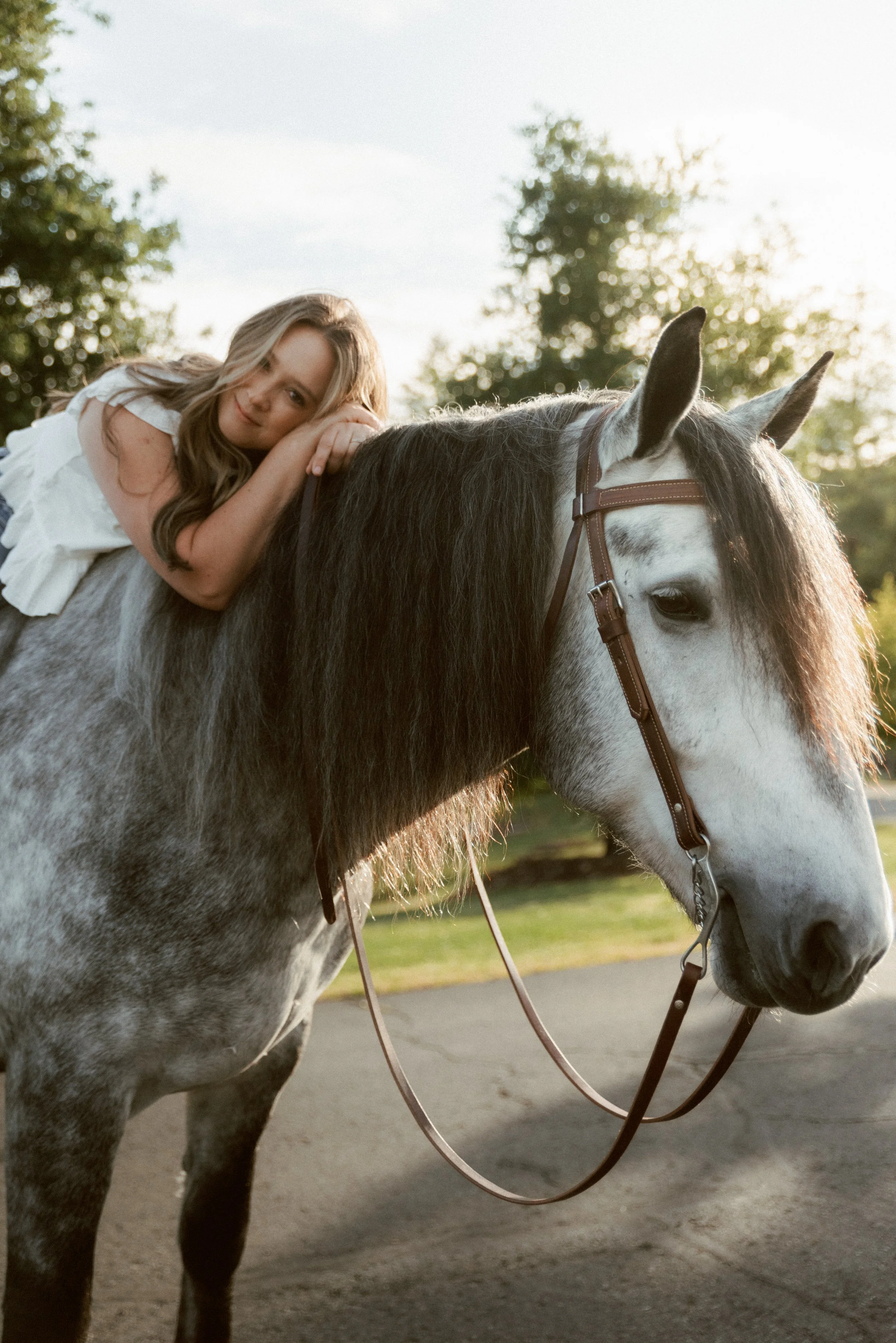 A young woman with long blonde hair lying on a gray horse with a white face, brown bridle, and reins, during golden hour outdoors in a park or field with trees in the background.