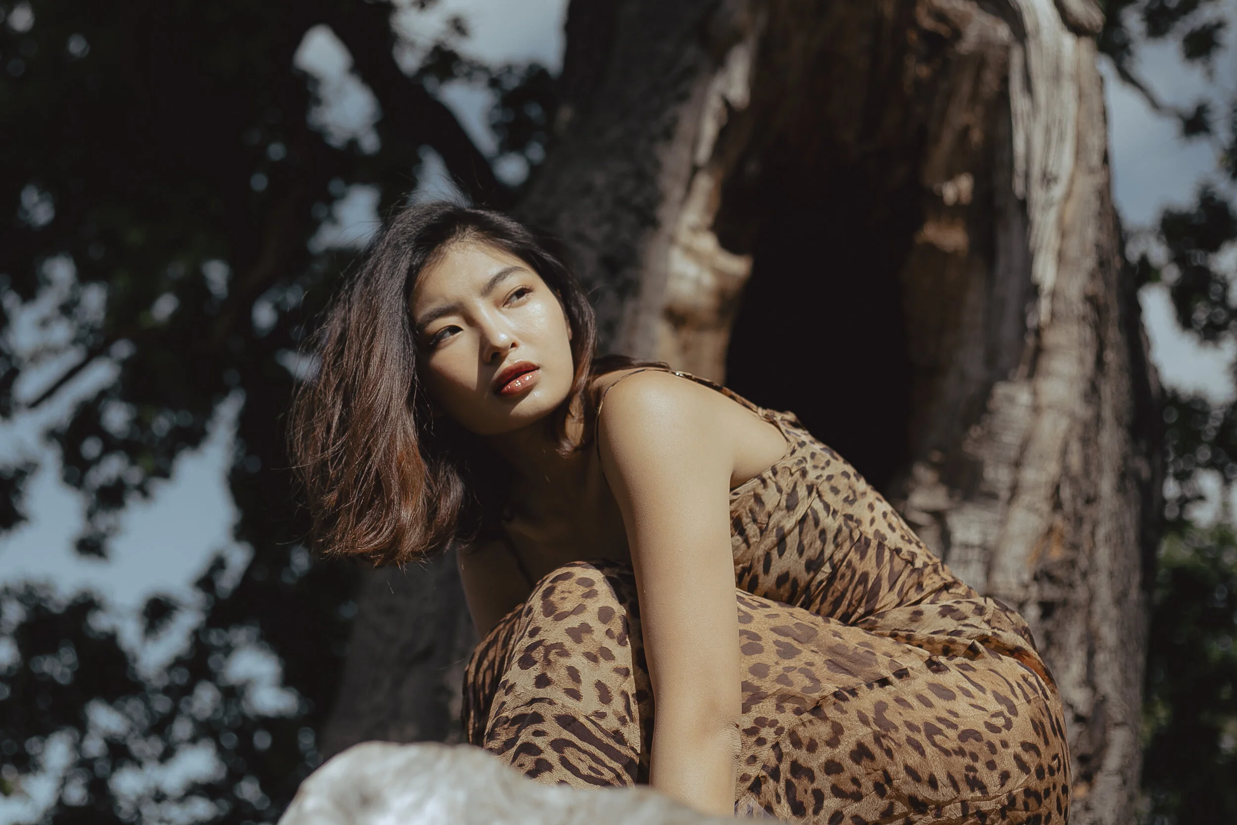Young woman with shoulder-length brown hair, wearing a leopard print sleeveless dress, crouching near a large tree outdoors, with sunlight highlighting her face.