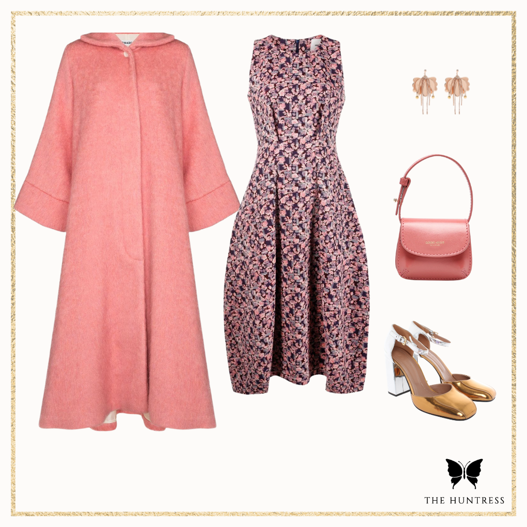 A satin jacquard dress is a timeless piece that can be worn for many different occasions. For an evening look, pair with metallic accessories.