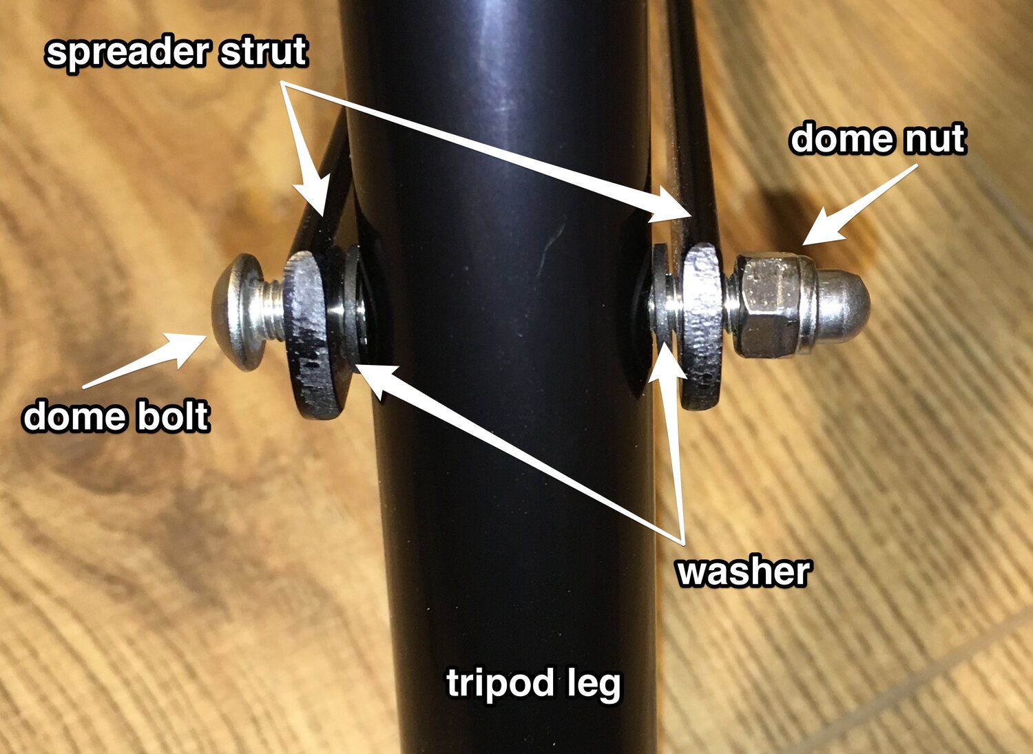 spreader strut and leg assembly, untightened