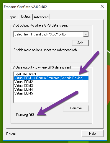 On the "Output" tab, Virtual COM / Garmin Emulator should read "Running OK!"
