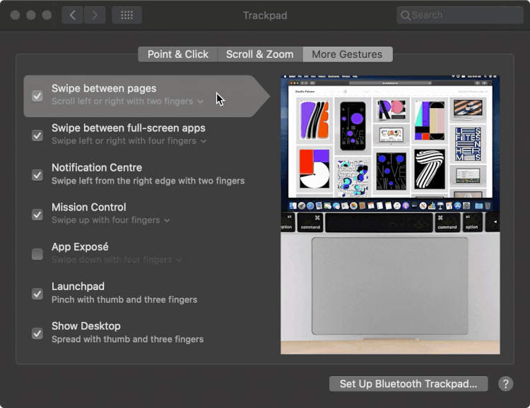 Trackpad Settings: Two Finger Swipe Gesture