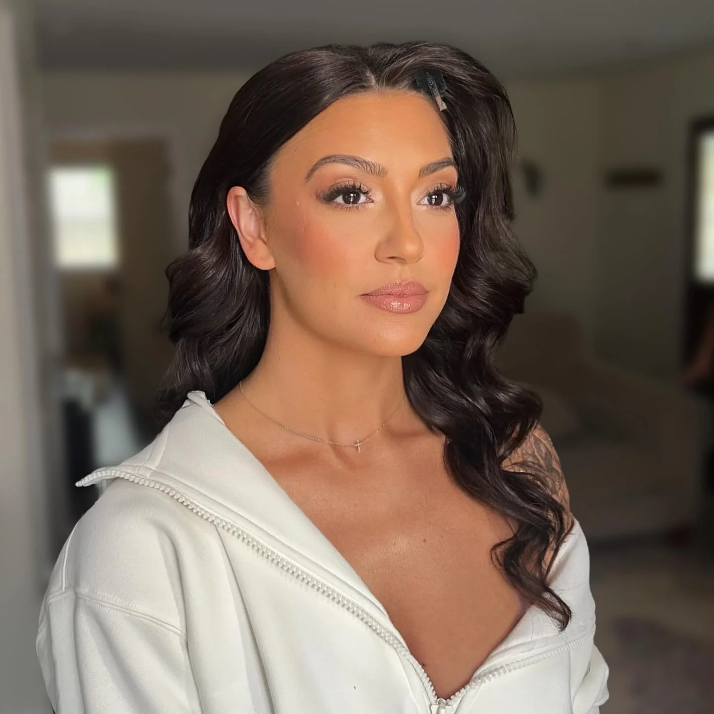 3.8.26 @ashl3y_marlow3 what a gorgeous bride 🤩 love this bronzey glam🤌🏼🤎 lips are 32 and 33 liners, nude blush cream lipstick, &amp; 23 gloss! 
 {we left her hair clip in the bang because she had a few hours before pictures/ceremony} #marchbride 