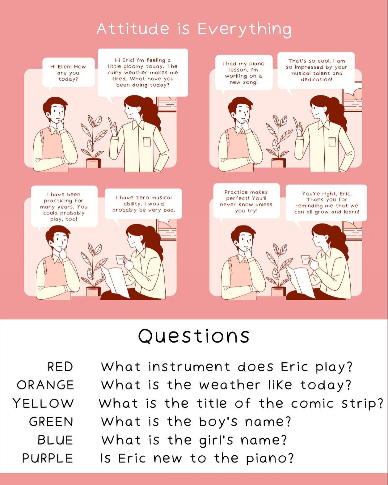 Reading comprehension but make it personal 😎 

I made this little comic strip in Canva for one of my students who is a great decoder but struggles with comprehension. The idea is that the student is to locate the answer within the comic strip and hi