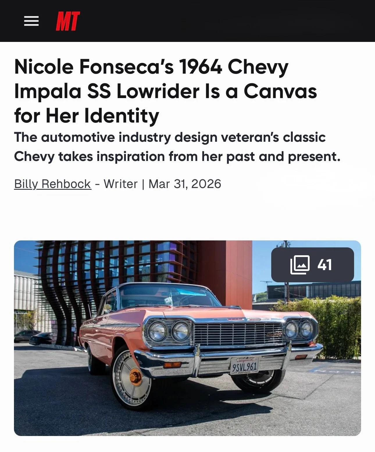 I never would have guessed fashion design would lead me here. My dad used to ask, &ldquo;What are you gonna do with a career in fashion?&rdquo; Now, this Latina girl from outside Detroit, and her car are featured in Motor Trend. Thank you, @carguybil