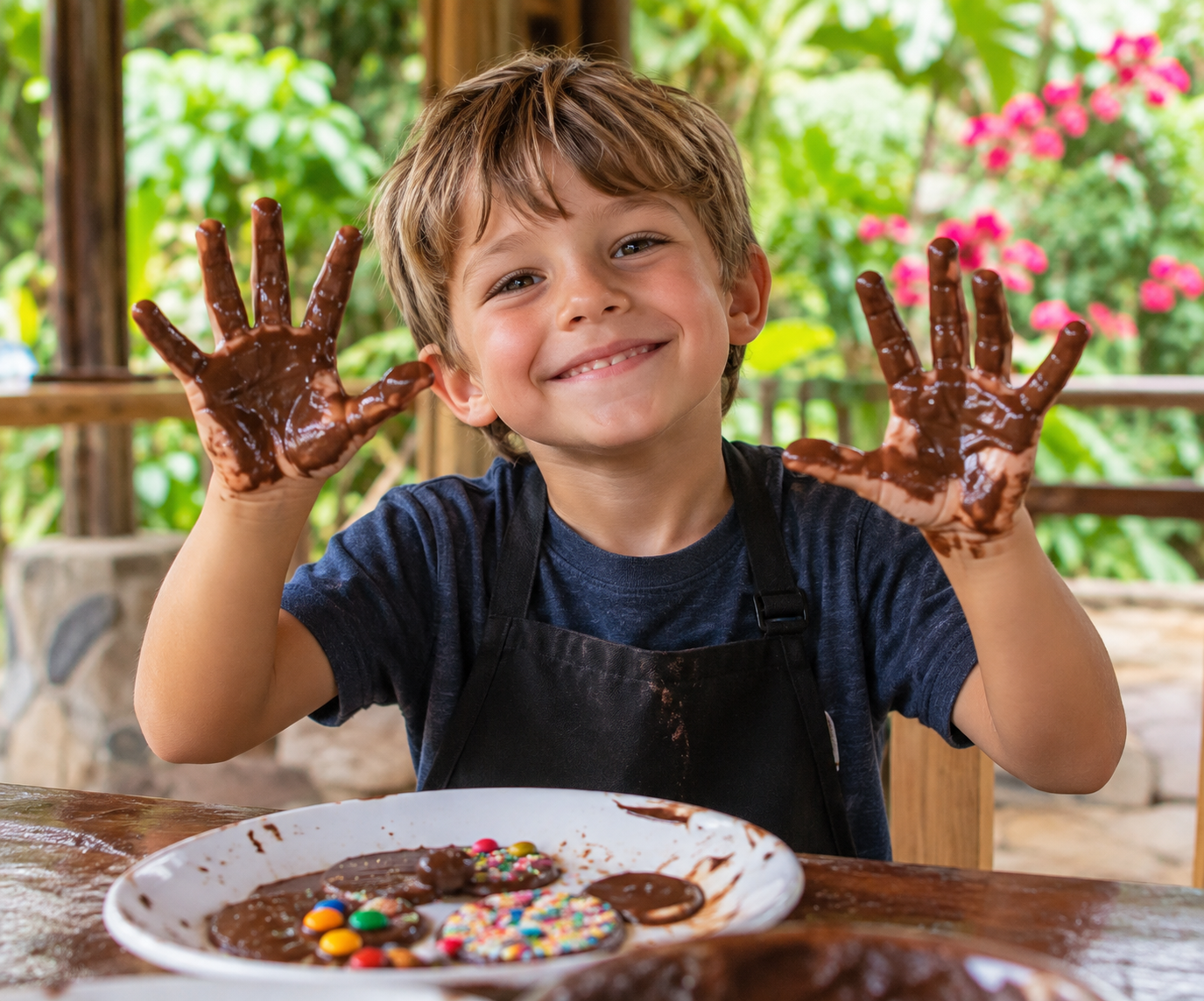 Young guest showing off chocolate-covered hands during a hands-on chocolate-making workshop near Manuel Antonio, Costa Rica.