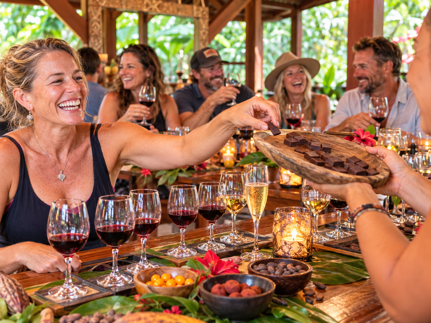 A group of people enjoying a celebration at a tropical-style table with wine glasses, chocolates, and tropical fruit, with a woman in a black top smiling and taking chocolates from a wooden tray.