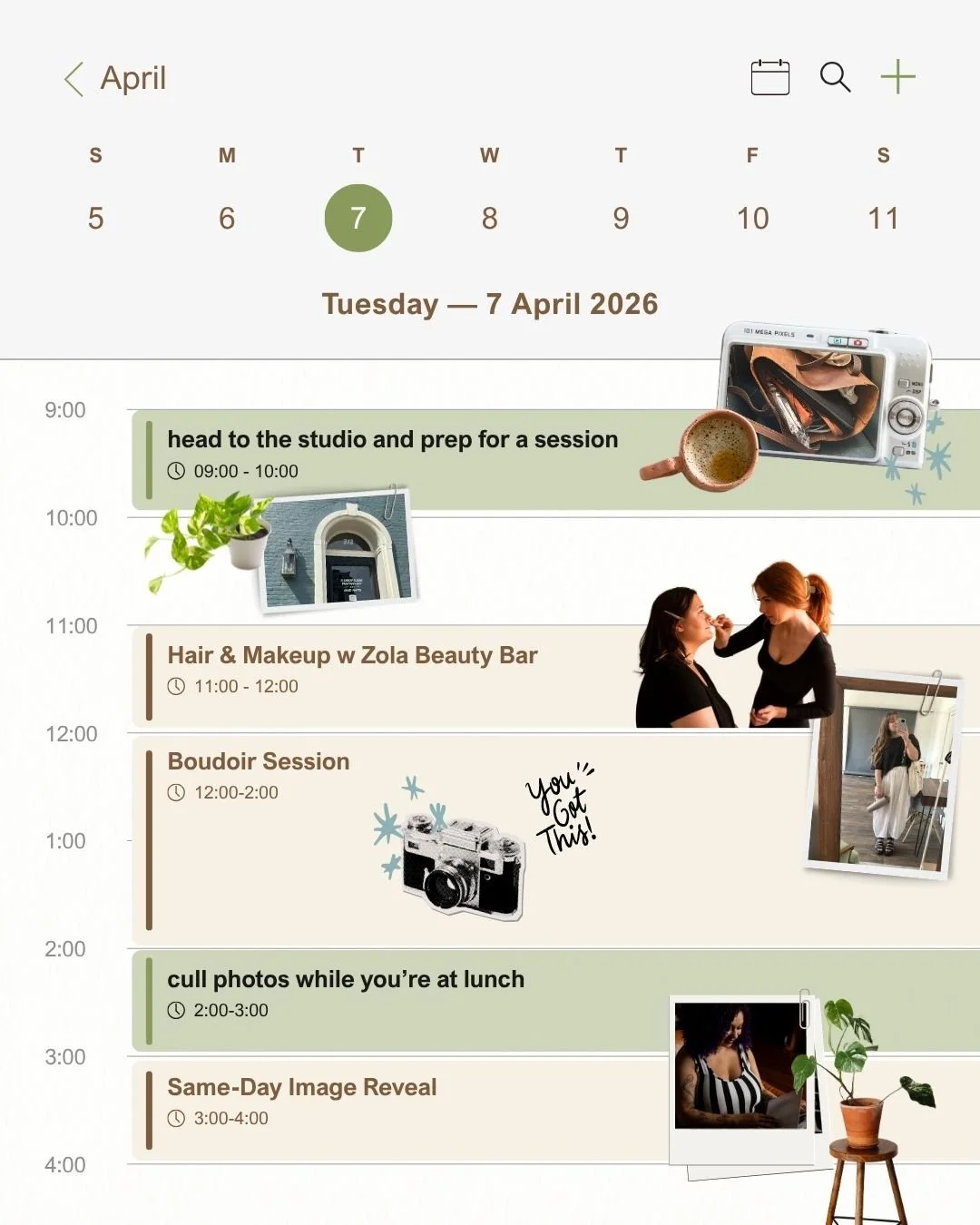 a screenshot of one day on the calendar which shows the timeline of a boudoir session. Starting at 9am with preparing the studio, 11am hair and makeup, 12pm boudoir session, 2pm culling images, and 3pm same day image reveal