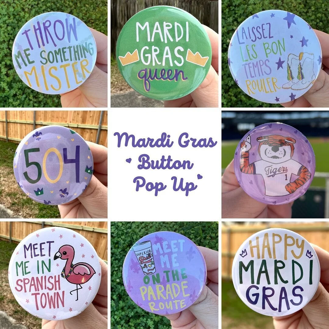 worried your Mardi Gras fit isn&rsquo;t festive enough ??? Want to bring a gift to your friend who&rsquo;s celebrating their first Mardi Gras?! Stop at our pop up this Saturday at Apricot Lane from 4-6 p.m.! We&rsquo;ll have Mardi Gras buttons, baseb