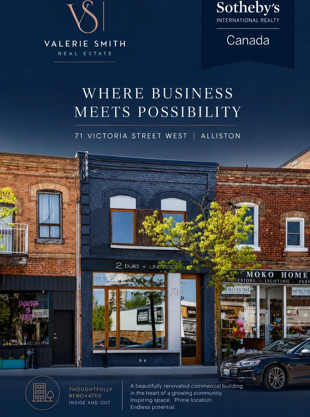 NEW LISTING! Welcome to 71 Victoria Street West, a beautifully renovated commercial building in the heart of Alliston. Currently home to a thriving architectural studio, this property blends historic character with modern design, creating an inspirin