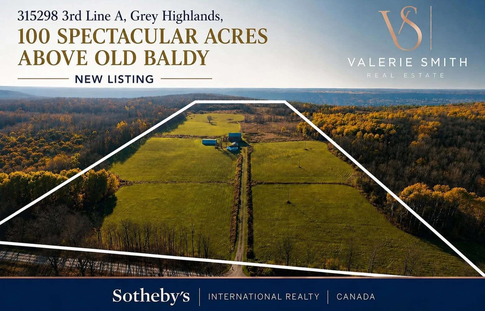 🌲 NEW LISTING | 100 Acres Above Old Baldy 🌲

A rare opportunity to own 100 spectacular acres in Grey Highlands with sweeping views, open fields, forest, trails, and endless possibilities. 2+ one bedroom cabin with two bathrooms; large bank barn; qu