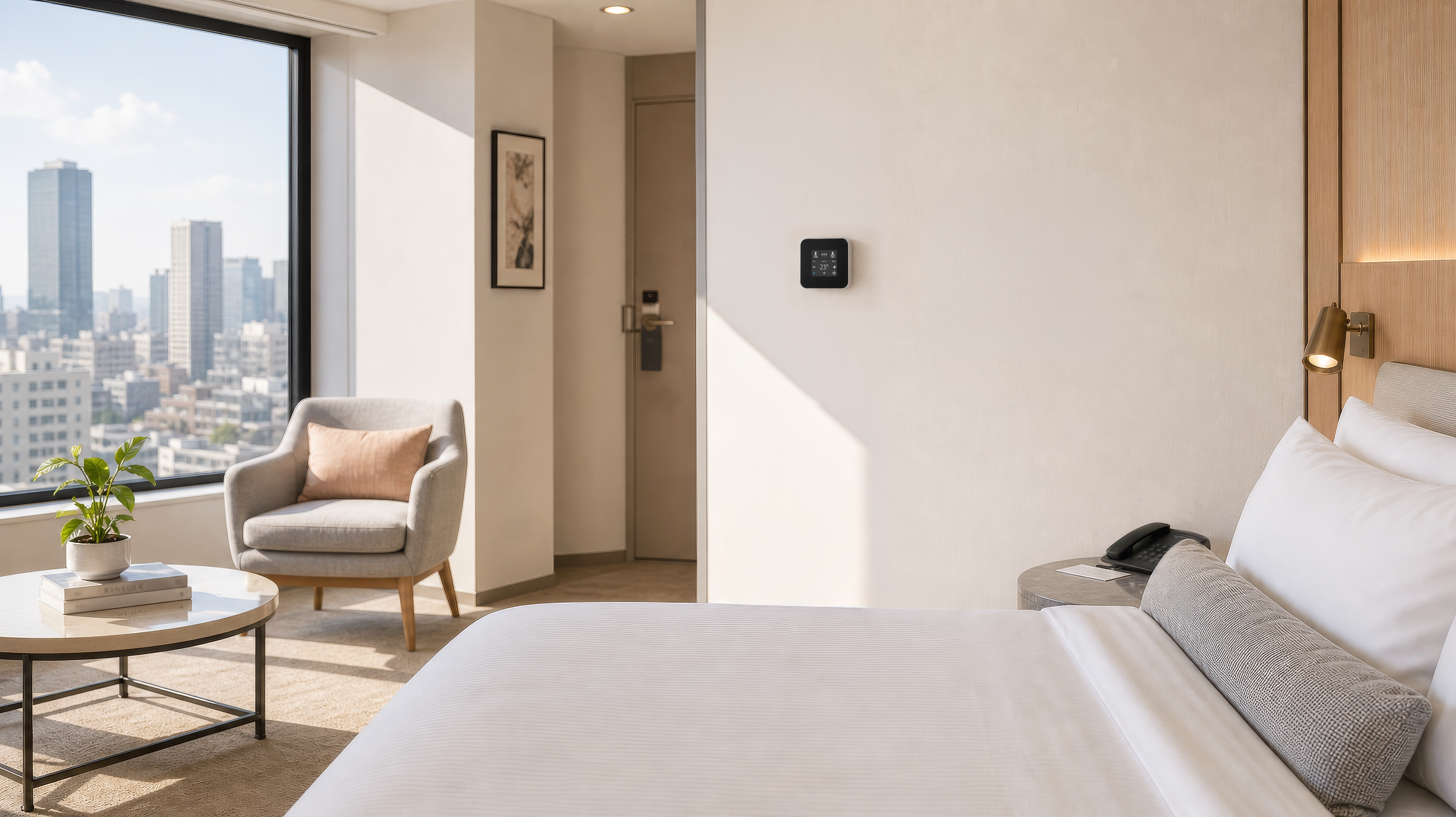 Bright modern hotel room with EOS 2 smart thermostat on the wall