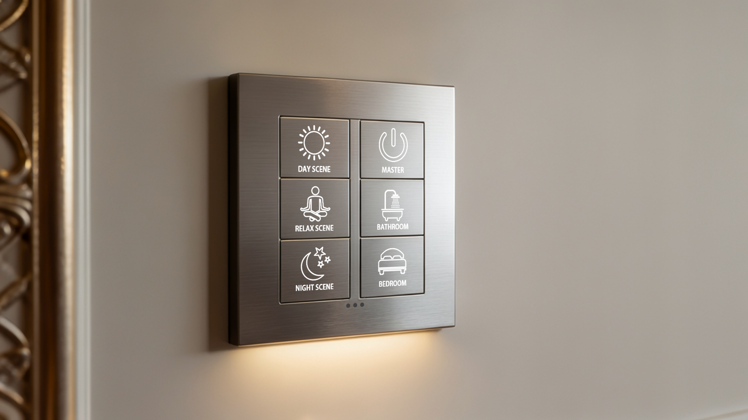 Wall-mounted control panel with buttons labeled for different room scenes and functions, including day scene, relax scene, night scene, master, bathroom, bedroom, and icons representing lighting, meditation, sleep, shower, and bed.