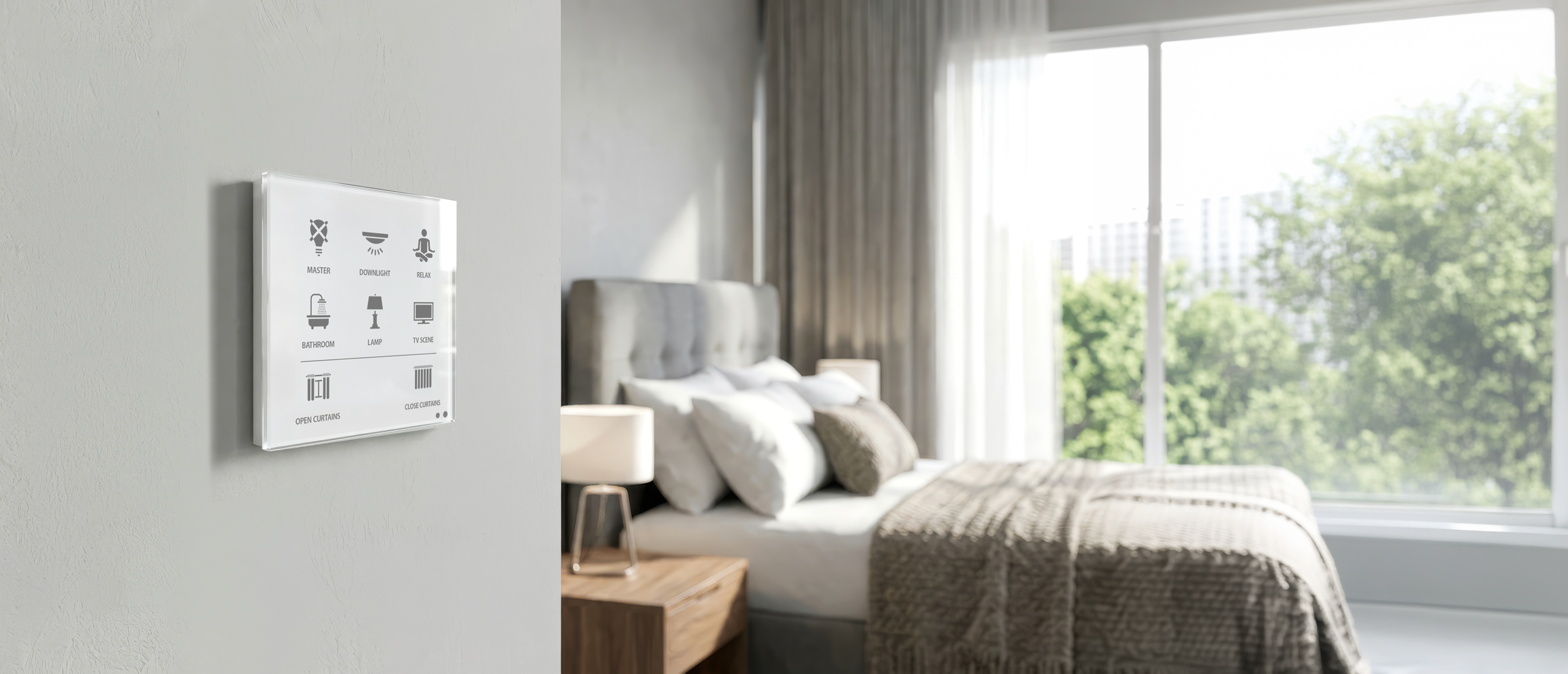 Wall control panel with icons and labels for bathroom, open curtains, master, downlight, relax, lamp, TV scene.
In a bedroom with a bed, pillows, nightstand, lamp, large window, and curtains.