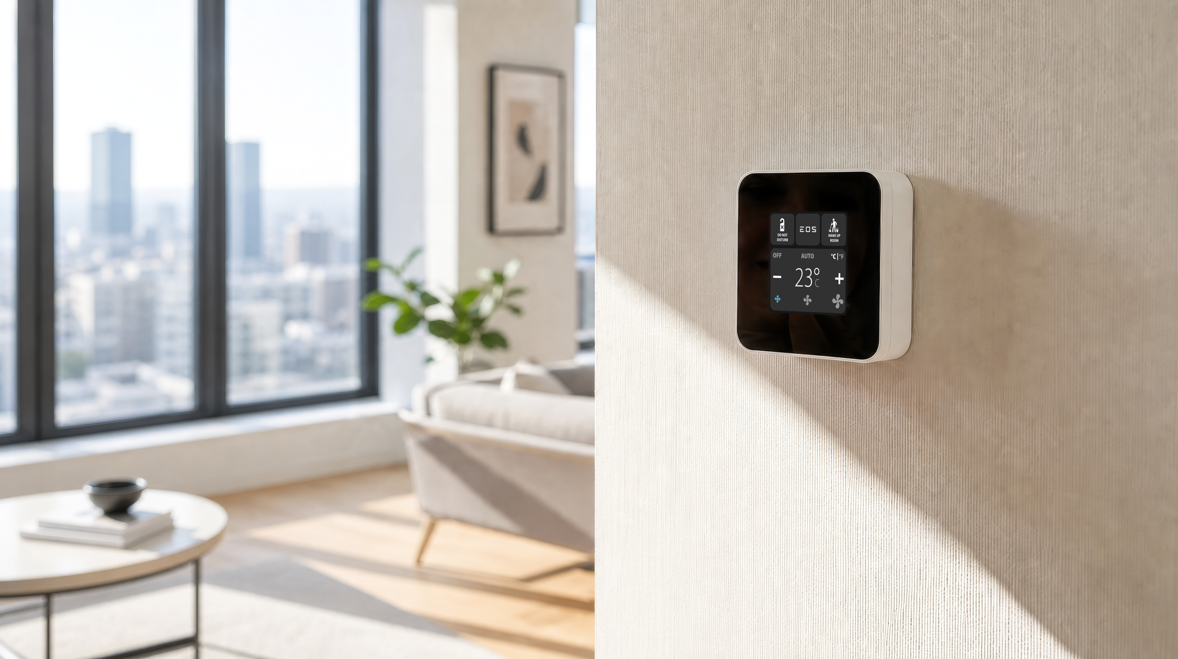EOS 2 Smart thermostat displaying 23°C in a bright modern hotel room. 