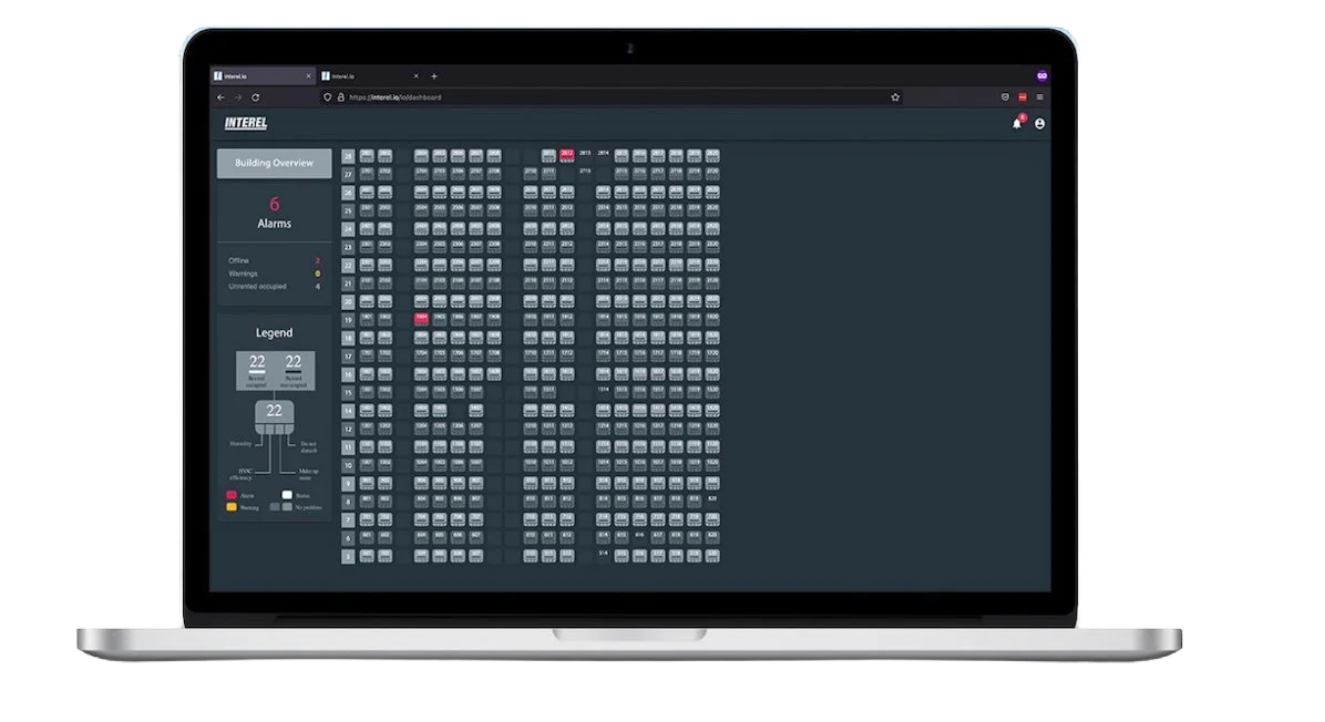 Screenshot of a building security system dashboard showing a grid layout of monitored areas, with alarms and a legend indicating statuses.