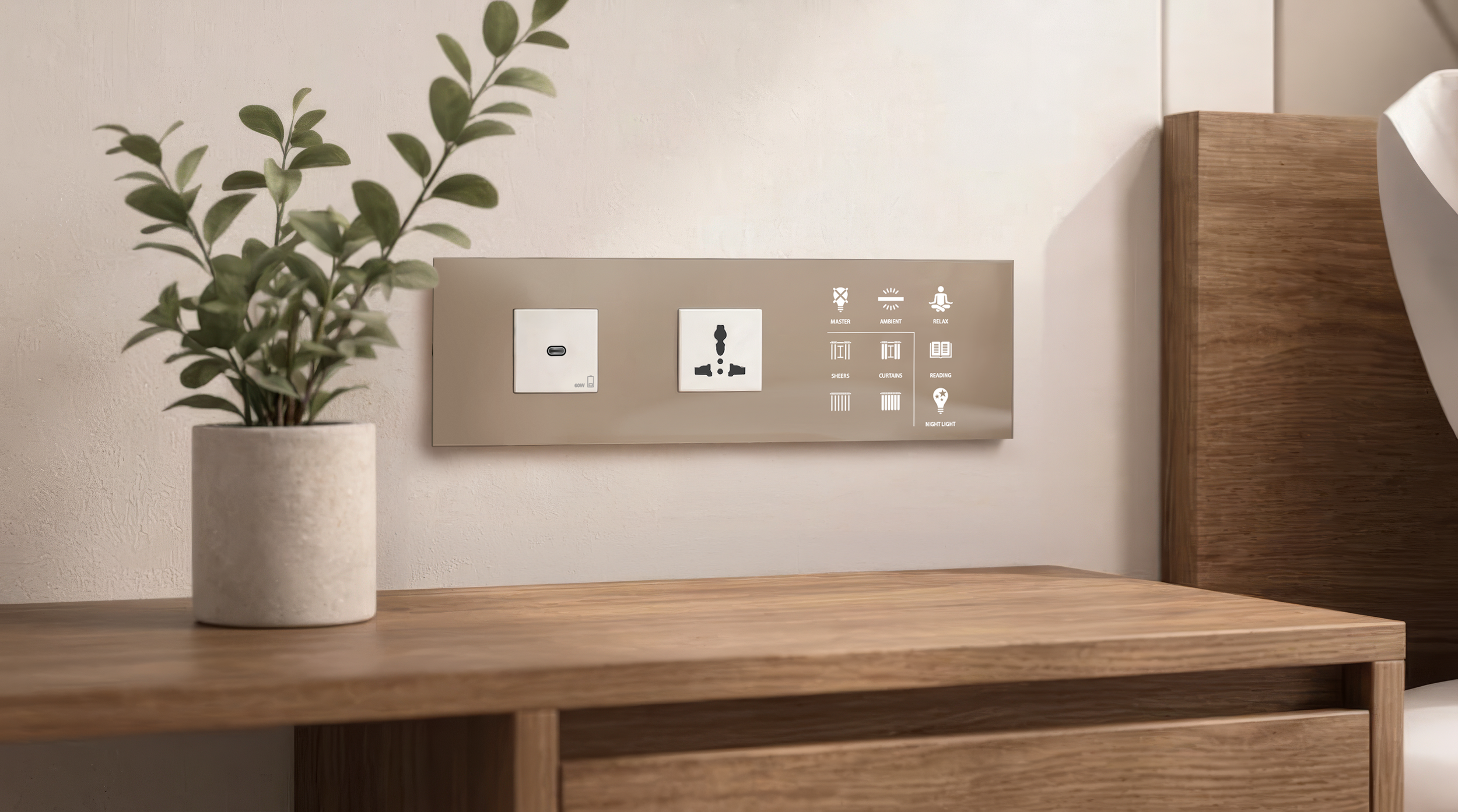 Custom color FLAT 2 room control panel with integrated power outlets