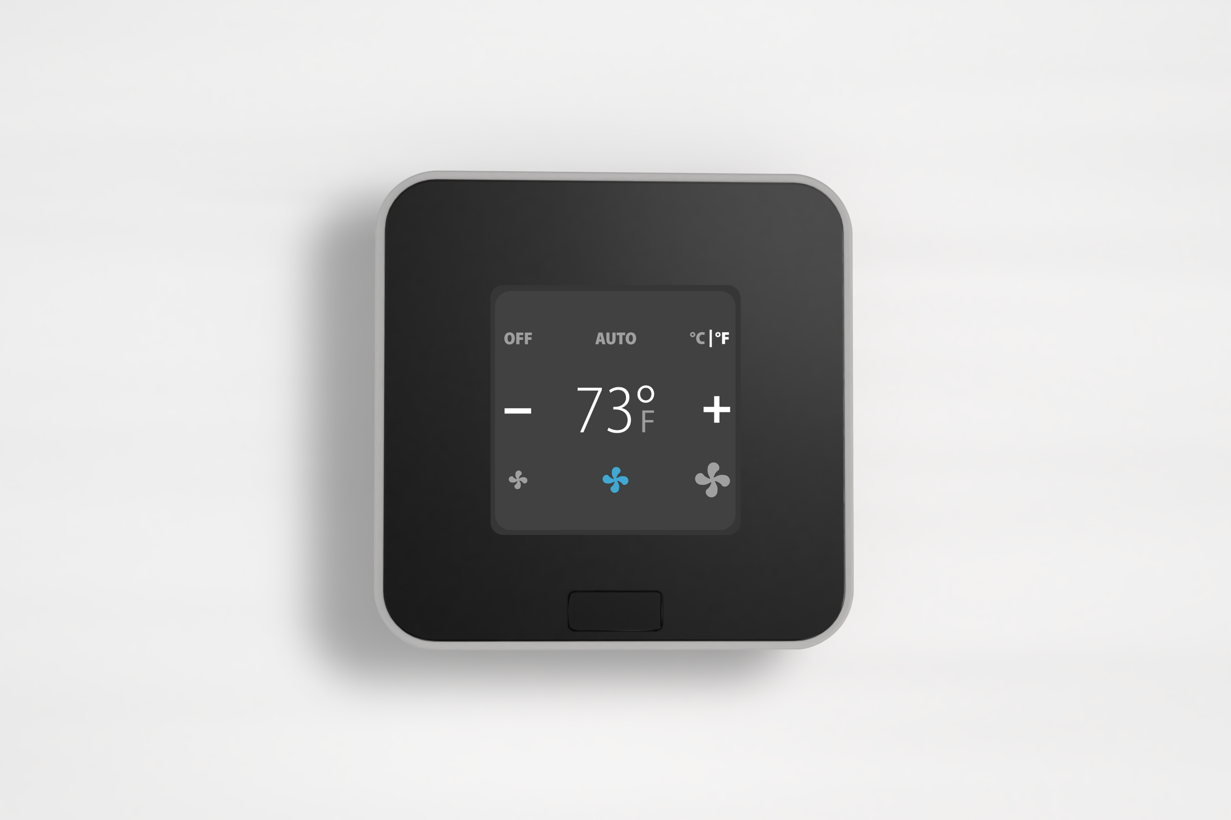 EOS 2 Smart thermostat displaying 73°F in auto mode with fan speed controls.