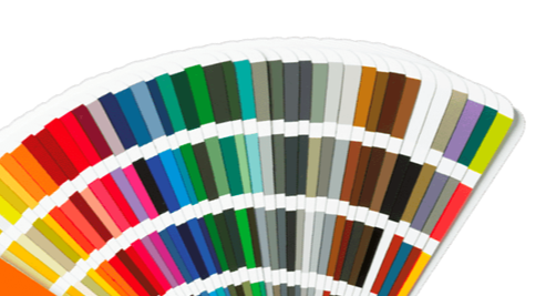 Color swatch fan displaying various shades of multiple colors.