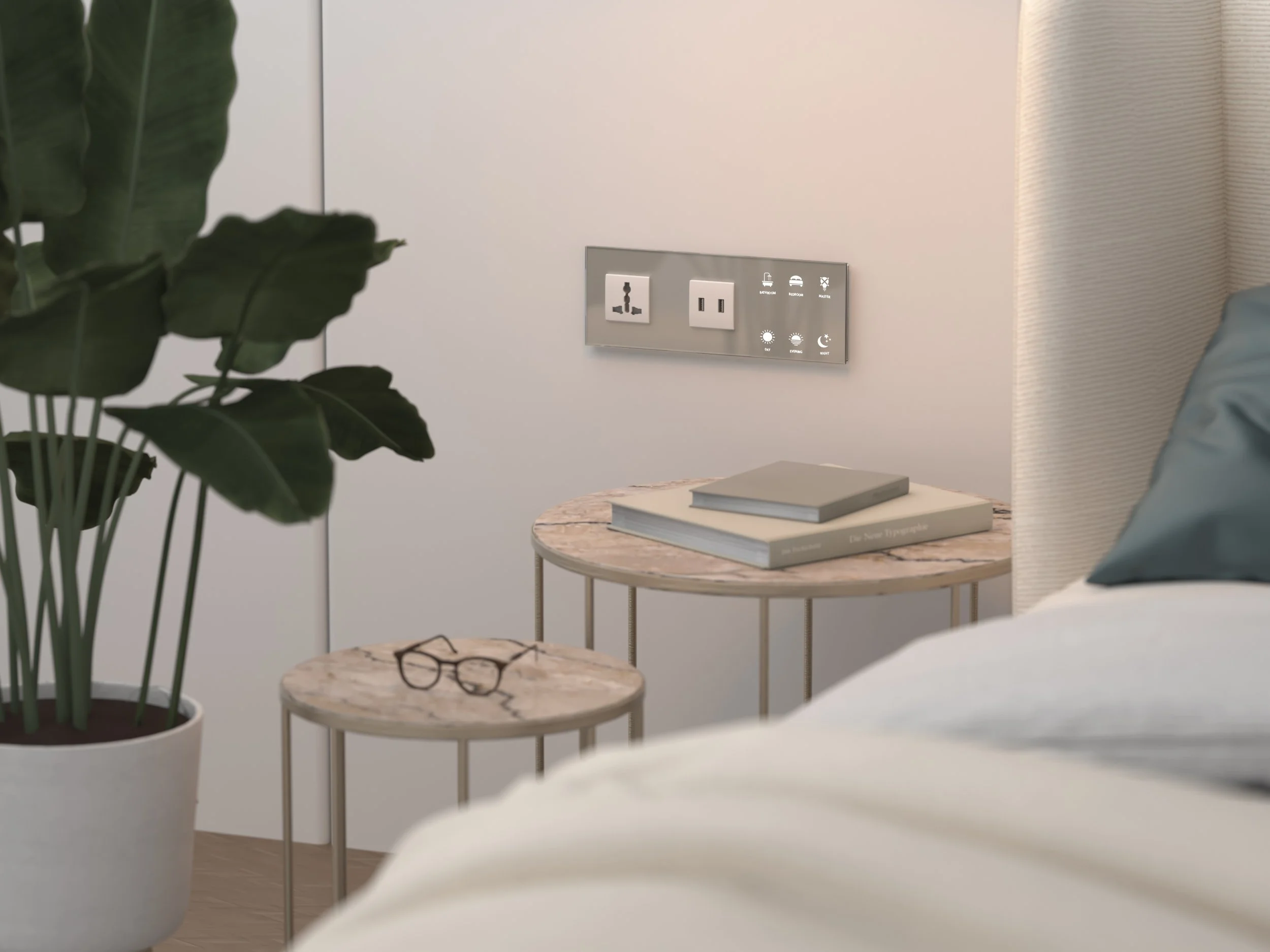 Custom color FLAT 2 room control panel with integrated power outlets in hotel room