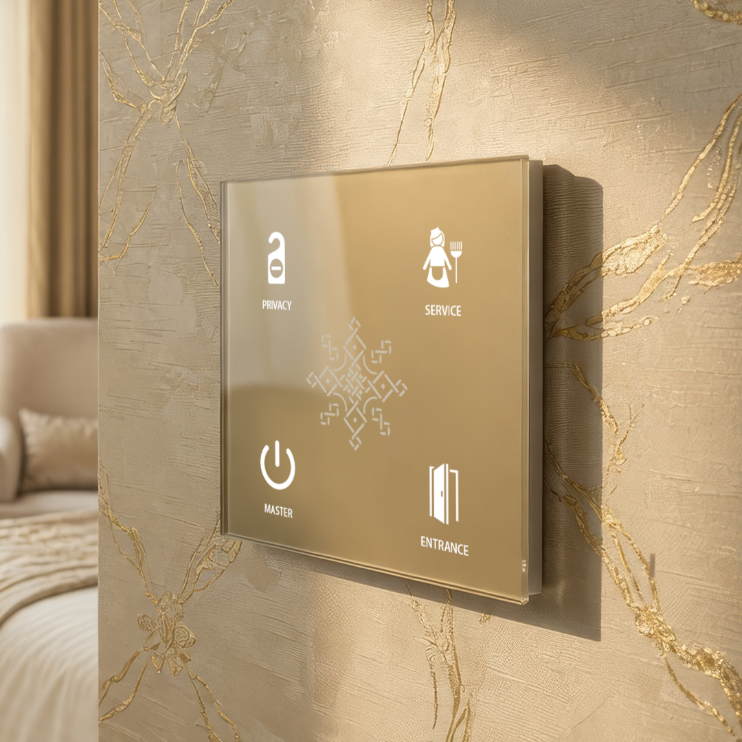 Custom golden color FLAT 2 room control panel matching the color palette of the guest room.
