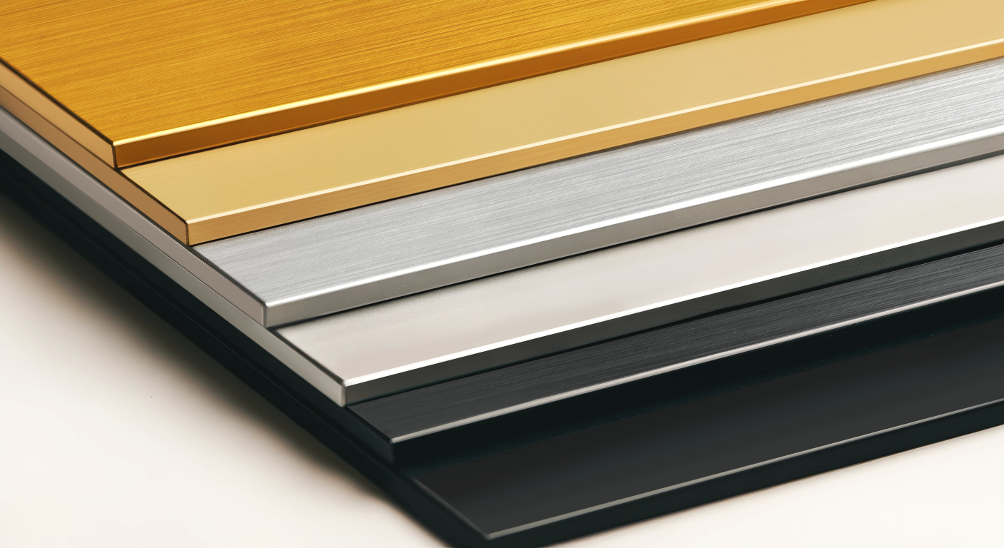 Close-up of various metallic and black color samples stacked in a layered arrangement.