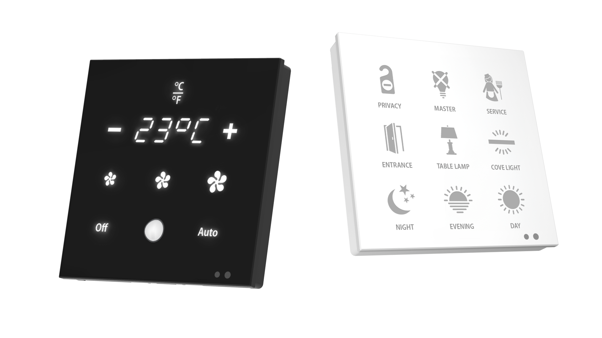 INTEREL FLAT 2 thermostat and guest room control panel showing temperature and room scene buttons