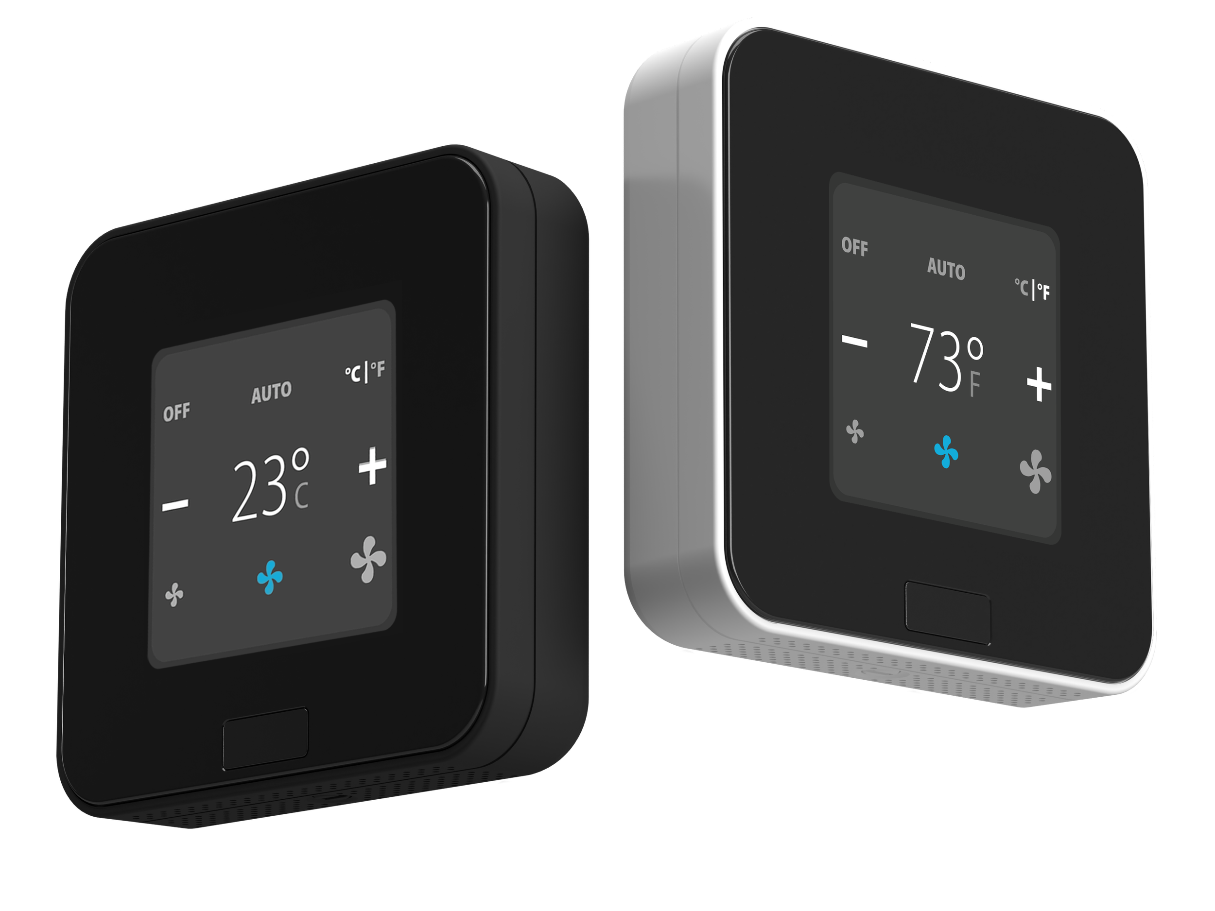 Two EOS smart thermostats showing temperature in Celsius and Fahrenheit