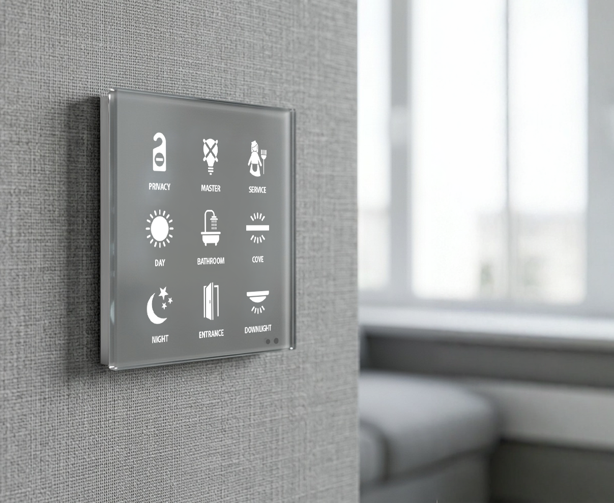 Grey FLAT 2 room control panel in hotel room