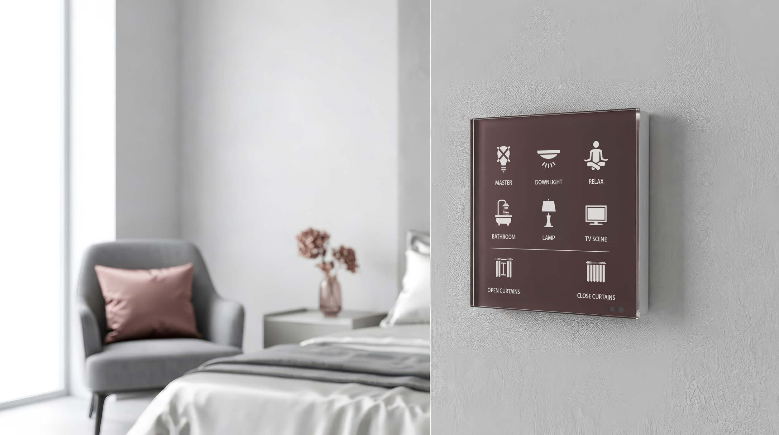 Custom color FLAT 2 room control panel matching the color palette of the guest room.