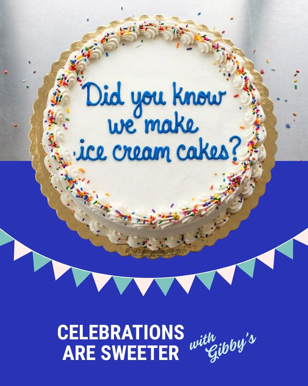 Are you celebrating a special occasion this summer? 🍦 Did you know Gibby's makes homemade ice cream cakes? Our custom cakes are perfect for graduations, anniversaries, and birthdays!

Creamy chocolate and vanilla ice cream layered with pound cake or