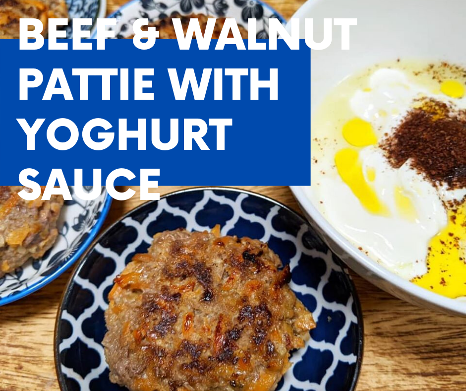 Beef and walnut patties with sumac yoghurt sauce