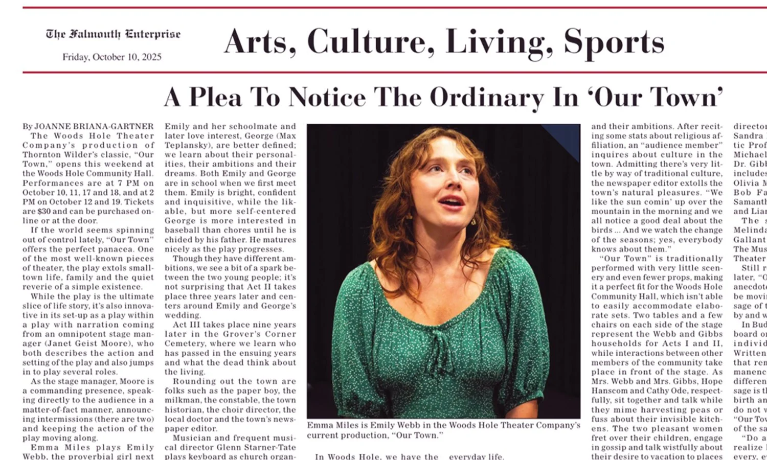  Emma K. Miles, leading actress in the 2025 production of Our Town at Woods Hole Theater in Cape Cod, Massachusetts 