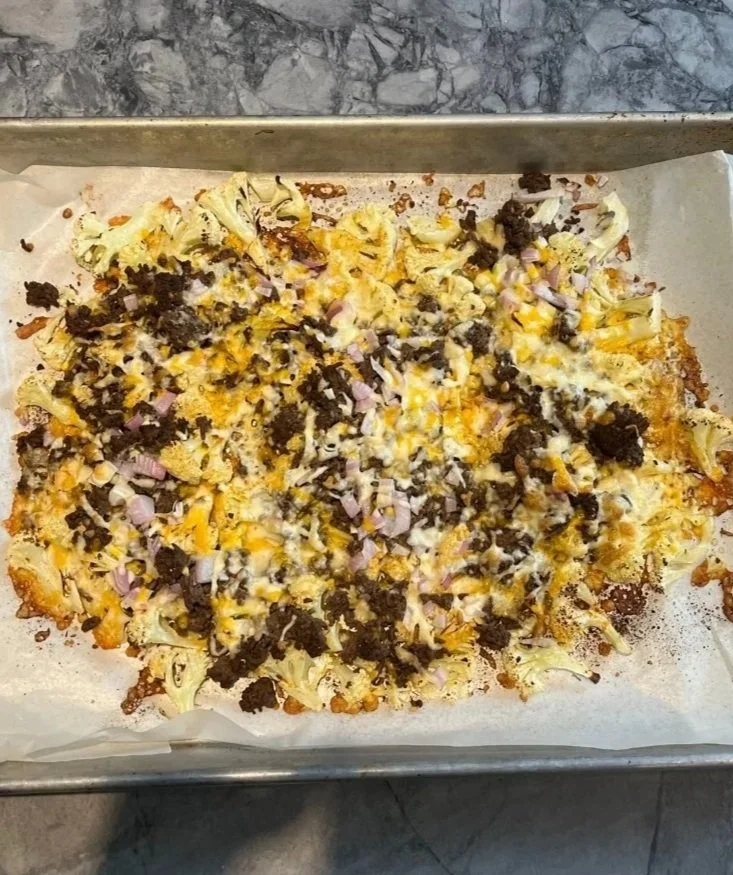 Cheesy Cauliflower Nachos with Ground Beef
