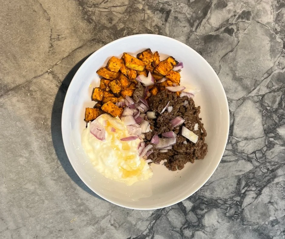 Sweet Potato Beef Bowl with Cottage Cheese &amp; Honey Drizzle