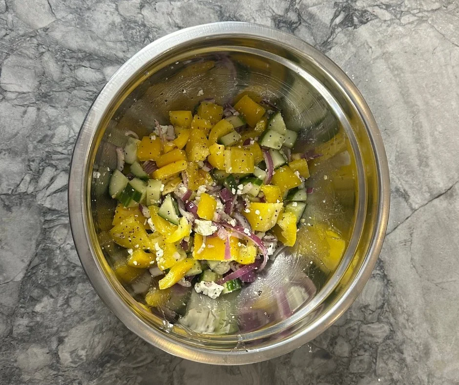 Cucumber, Onion &amp; Bell Pepper Salad with Lemon Vinaigrette and Feta