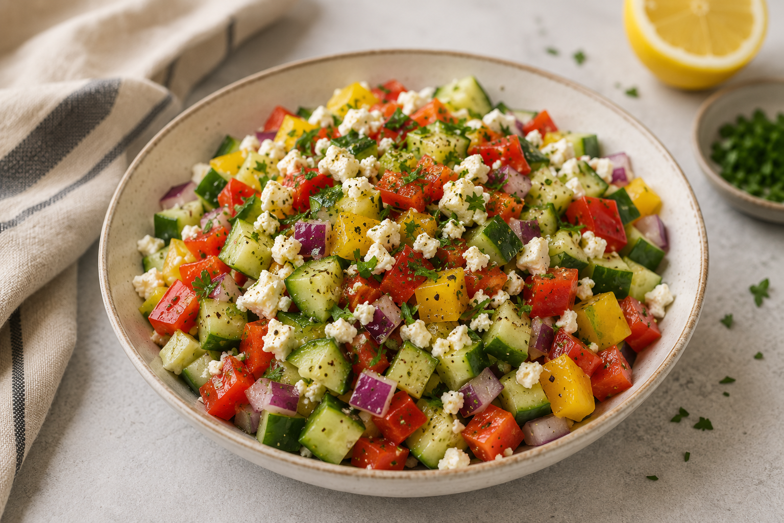 Cucumber, Onion &amp; Bell Pepper Salad with Lemon Vinaigrette and Feta