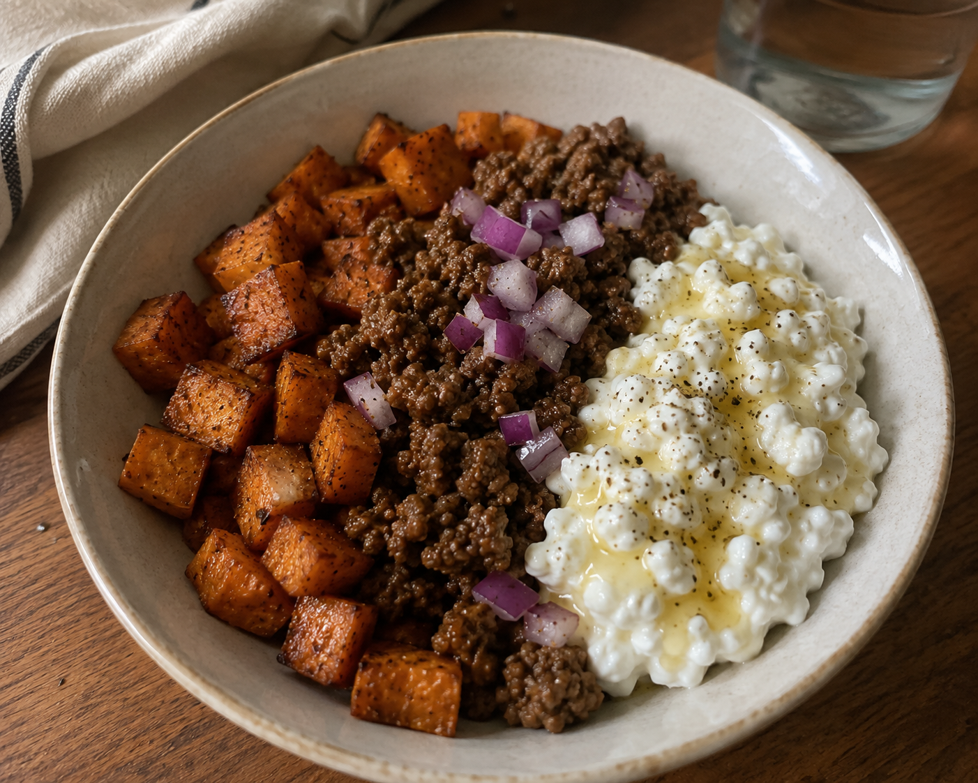 Sweet Potato Beef Bowl with Cottage Cheese &amp; Honey Drizzle