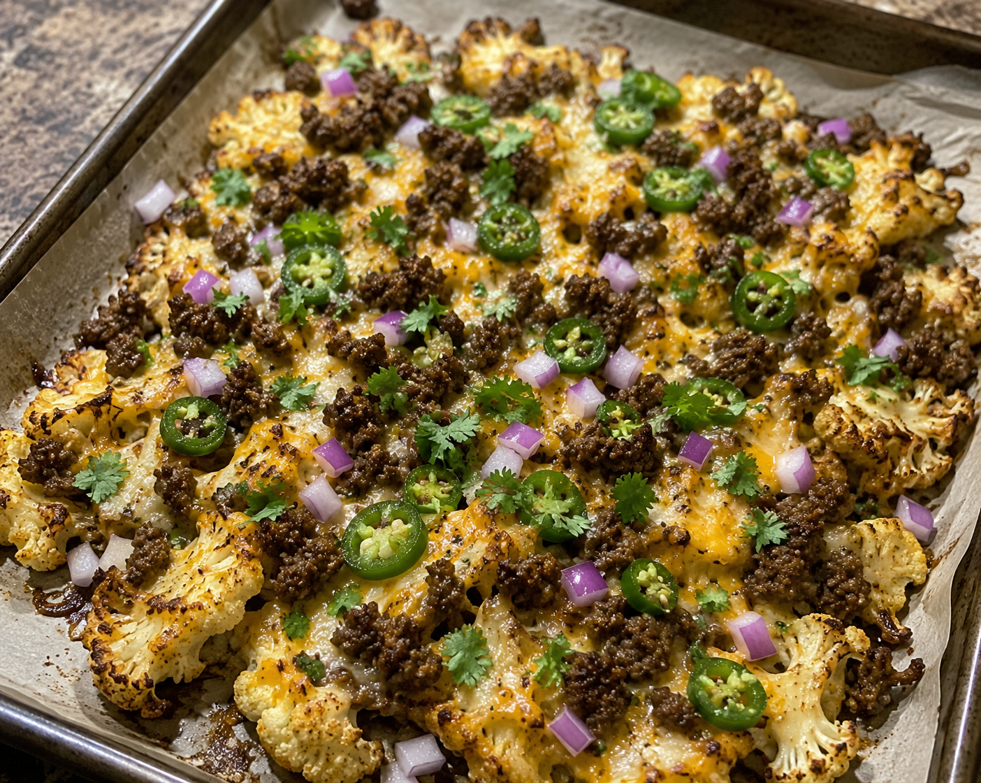 Cheesy Cauliflower Nachos with Ground Beef