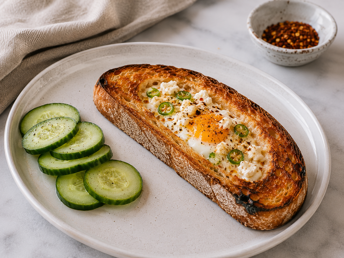 Sourdough Toast with Eggs, Feta &amp; Jalapeños
