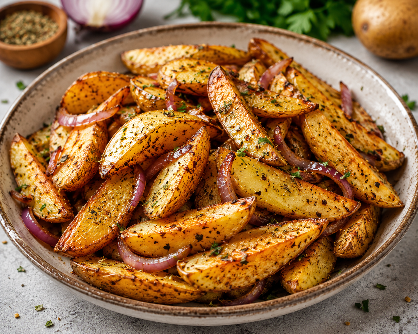 Crispy Air Fryer Potato Wedges with Onion &amp; Herb