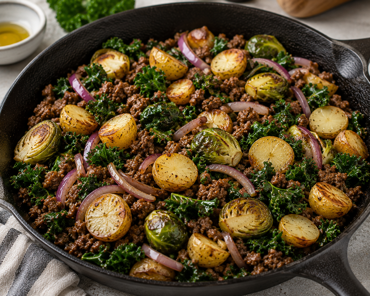 Sautéed Ground Beef and Kale Skillet with Potatoes and Brussels Sprouts
