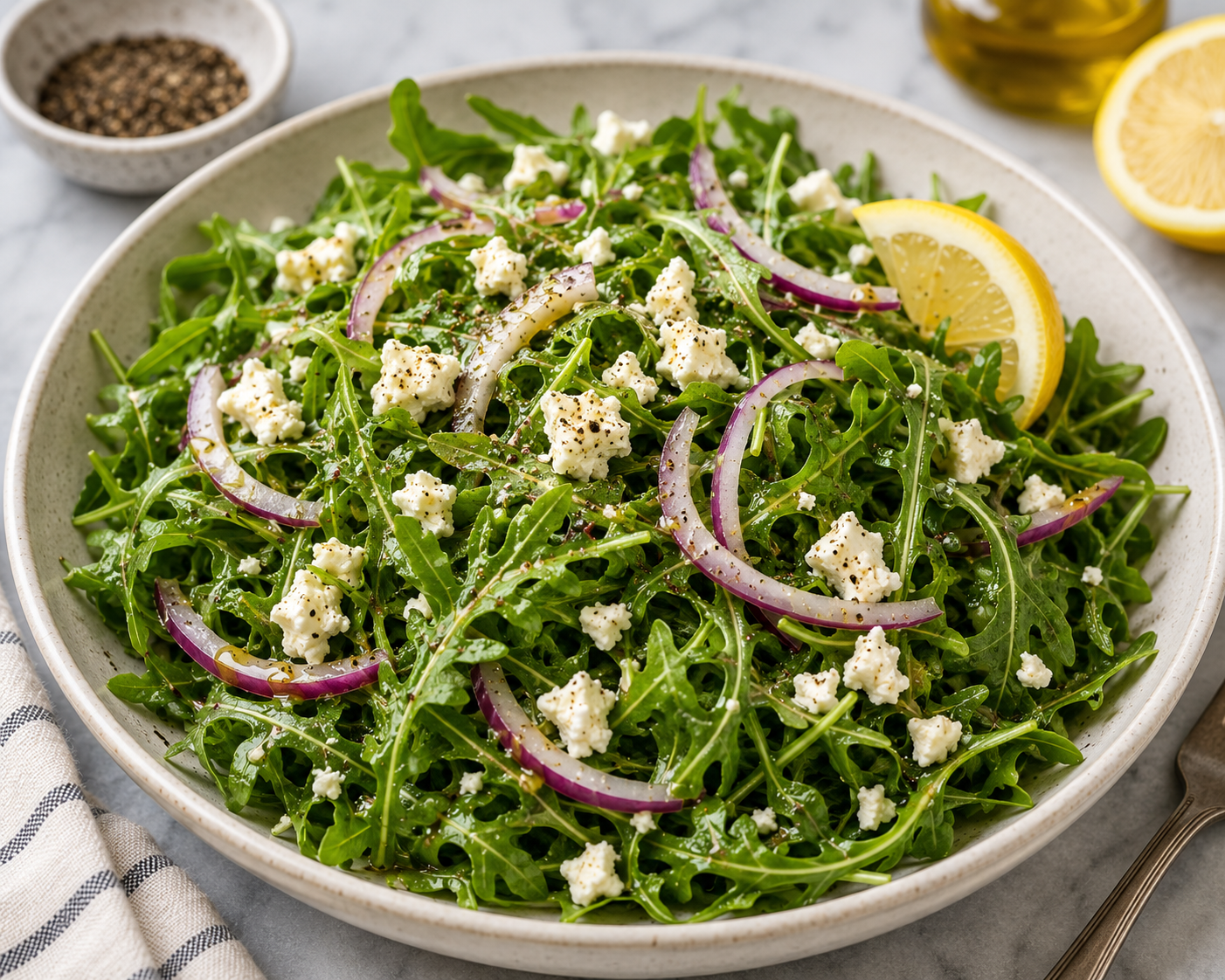 Anytime Arugula Salad with Lemon Dressing &amp; Feta