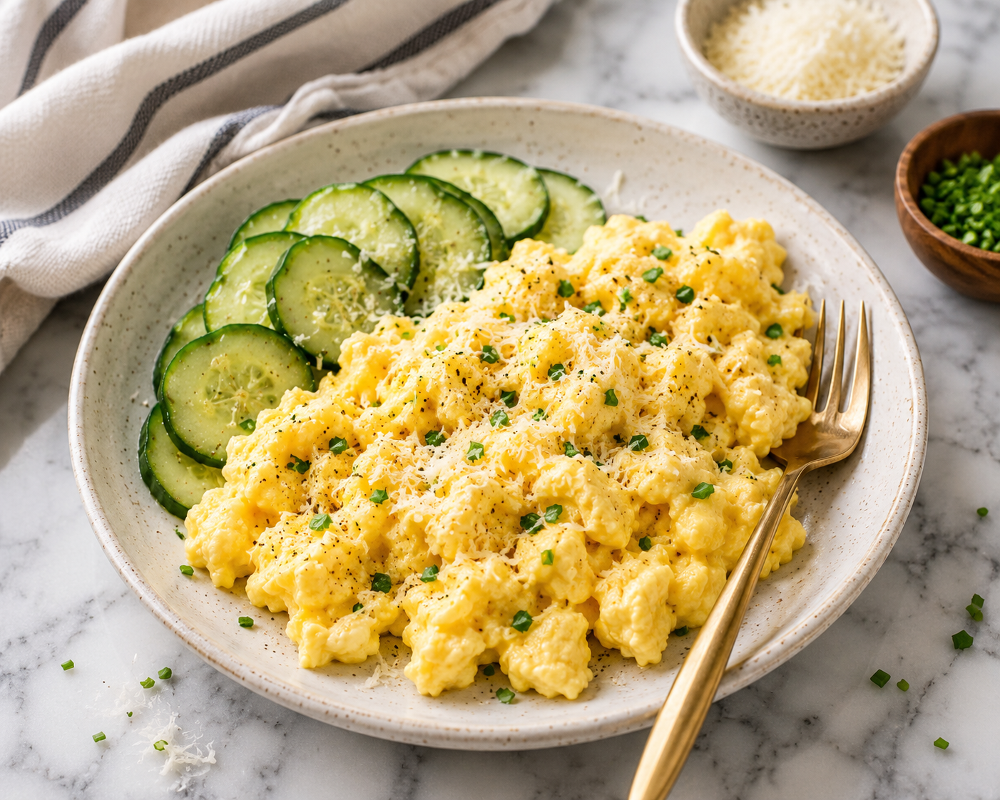 Scrambled Eggs with Parmesan and Cucumber