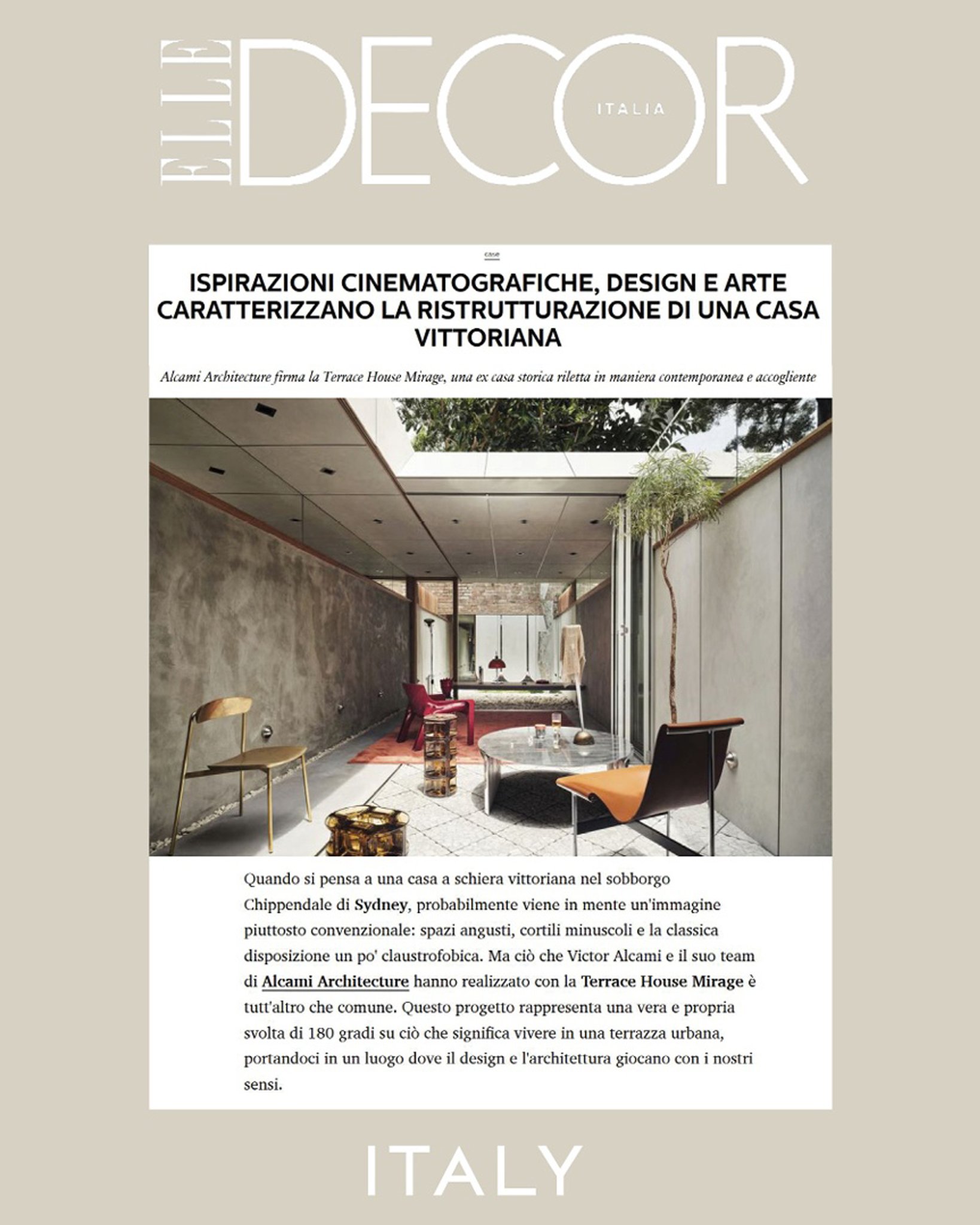 Elle Decor Italy feature page showing Terrace House Mirage kitchen and concrete interior.