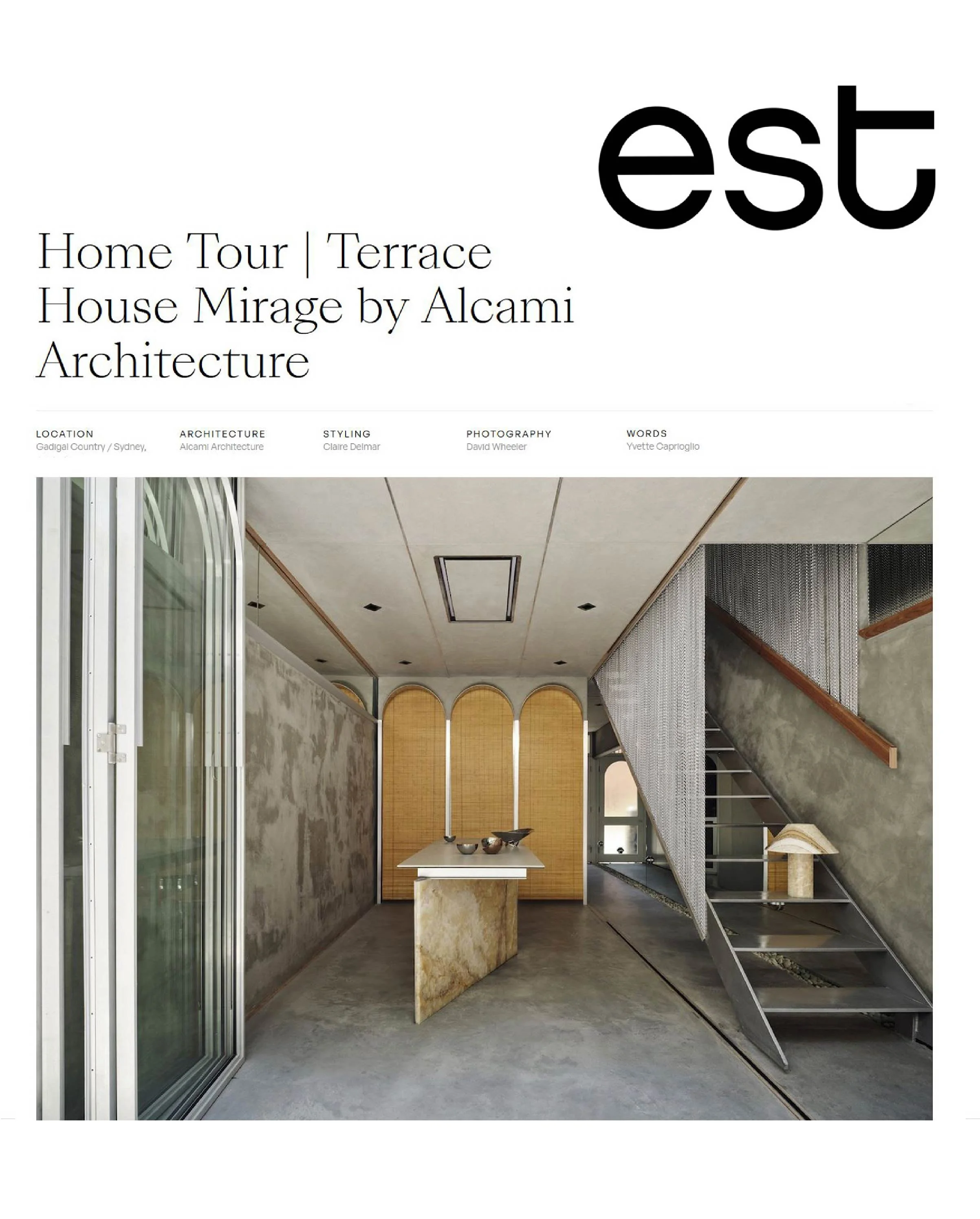 Est Living home tour screenshot featuring Terrace House Mirage kitchen and architectural joinery.