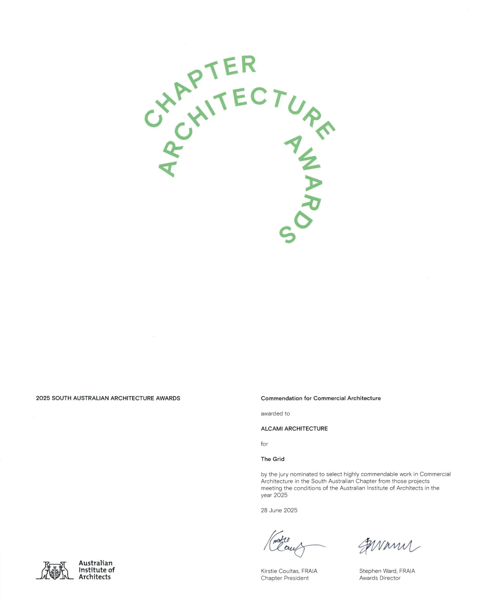AIA commendation certificate for The Grid, documenting recognised design work by Alcami Architecture.