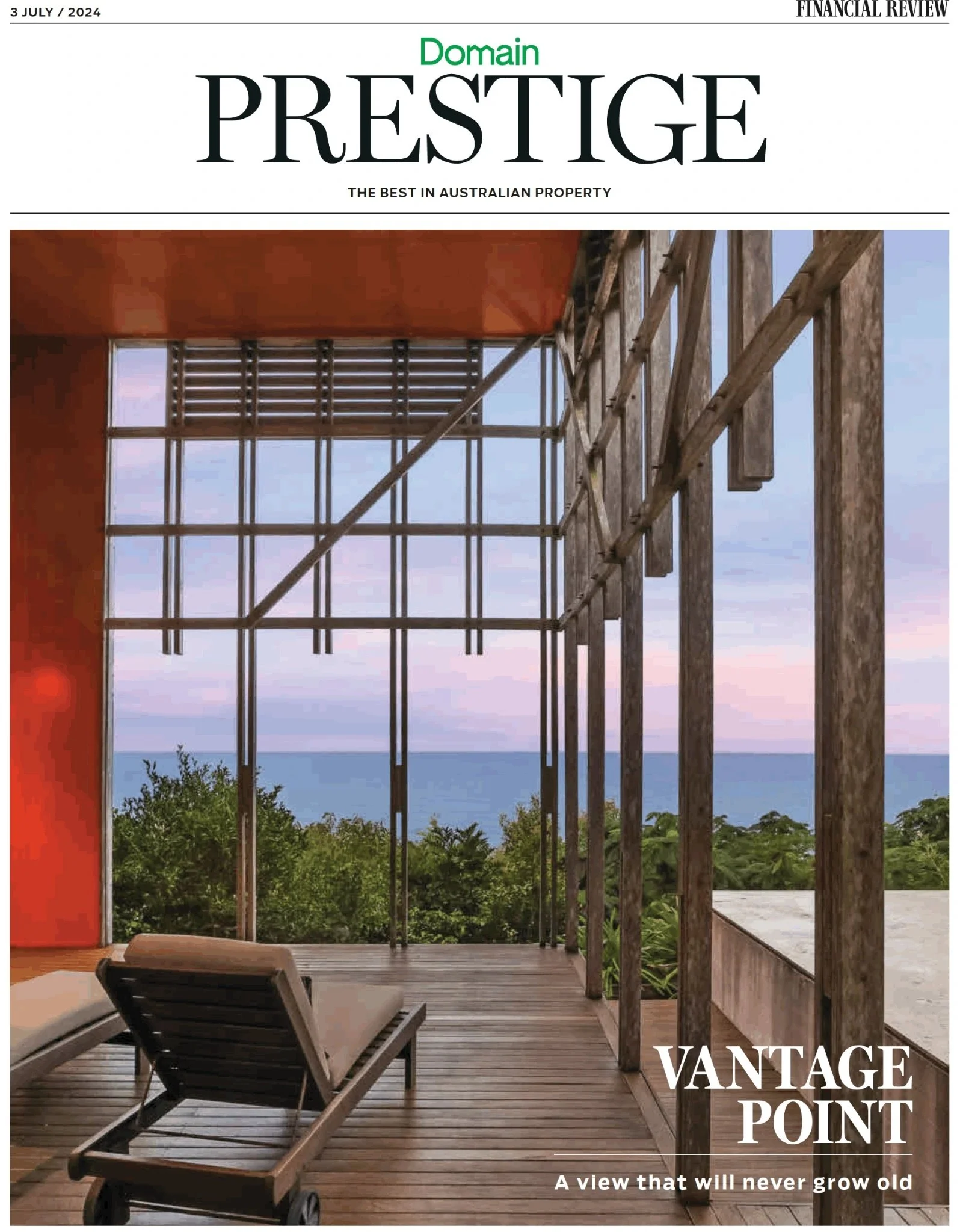 Domain Prestige article screenshot featuring a terrace outlook and residential design coverage.