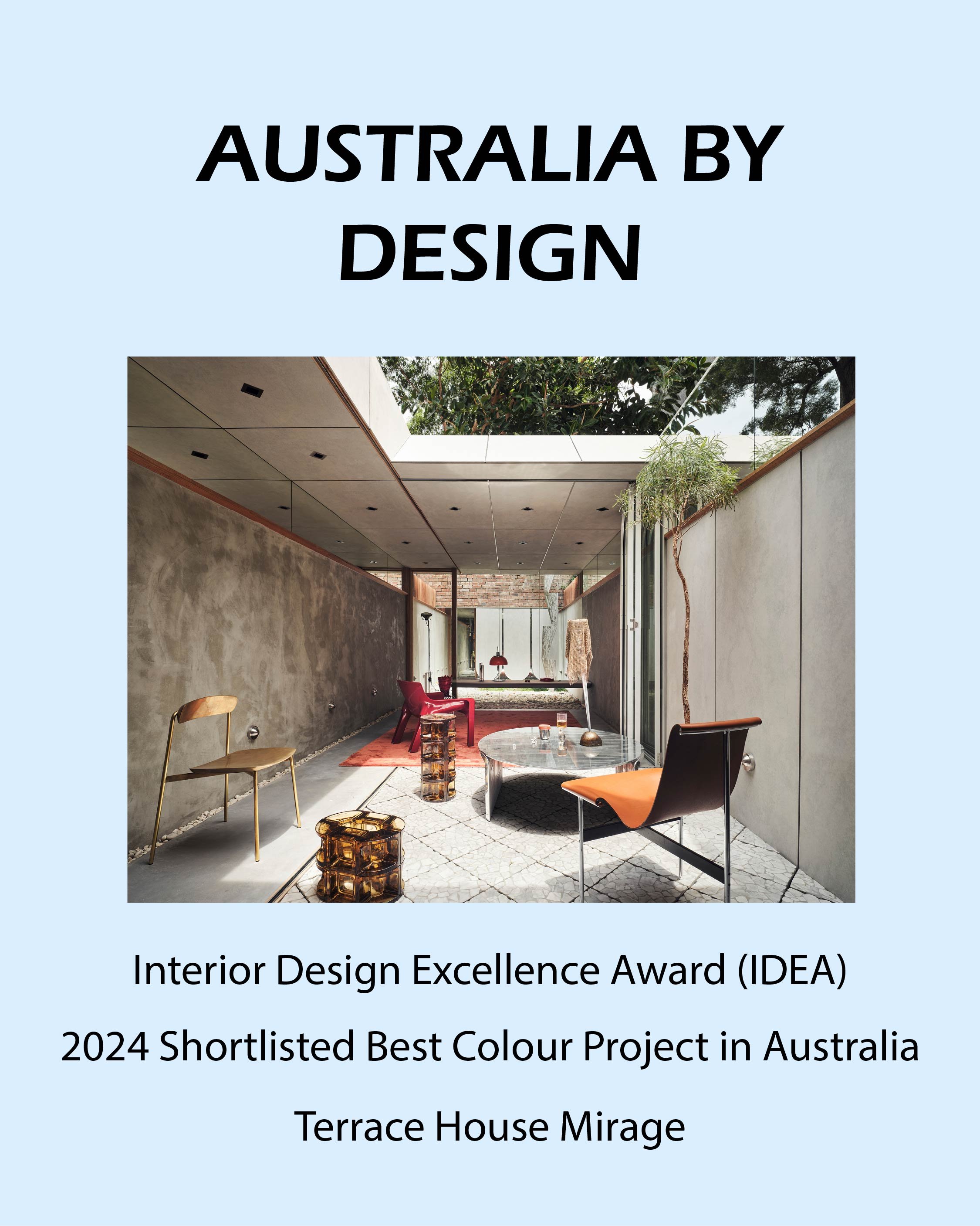 Interior Design Excellence Awards shortlist graphic for Terrace House Mirage colour category.