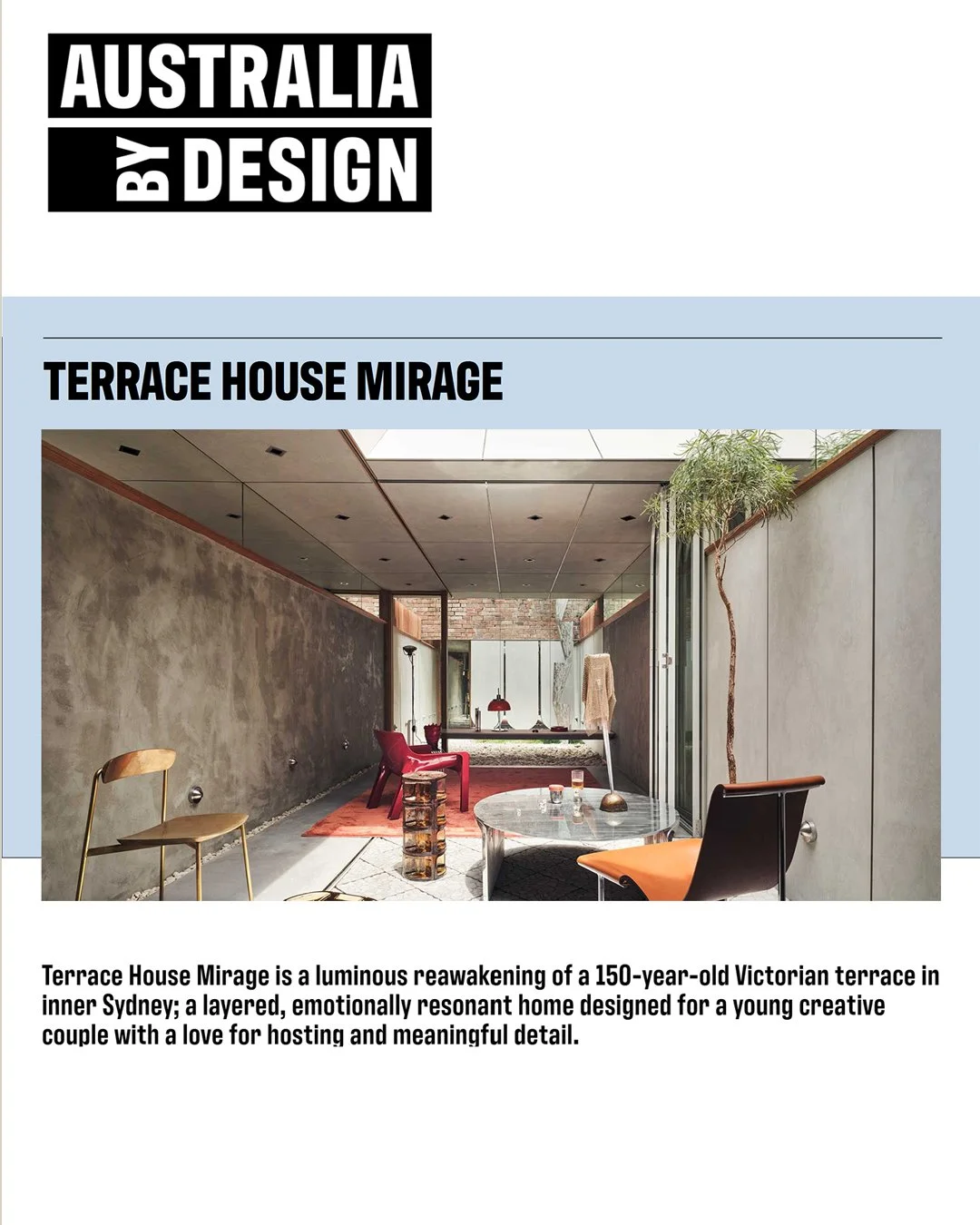 Australia By Design article screenshot featuring Terrace House Mirage and architectural renovation awards.